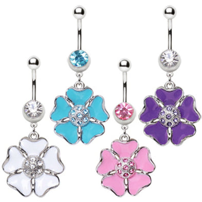316L Surgical Steel Navel Ring with CZ Centered Flower Dangle-WildKlass Jewelry