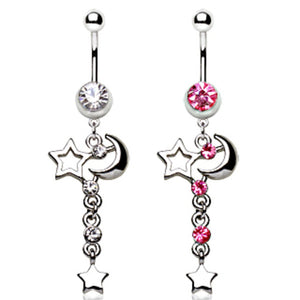 316L Surgical Steel Navel Ring with Moon and Stars Dangle-WildKlass Jewelry