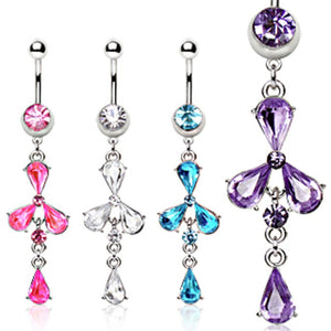 316L Navel Ring with Flower shaped Gem and a Tear Drop Gem-WildKlass Jewelry