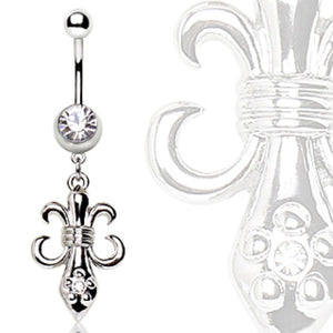 316L Surgical Steel Navel Ring with Fleur De Lis Symbol Dangle-WildKlass Jewelry