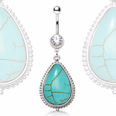 316L Surgical Steel Navel Ring with Large Turquoise Dangle-WildKlass Jewelry