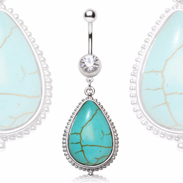 316L Surgical Steel Navel Ring with Large Turquoise Dangle-WildKlass Jewelry
