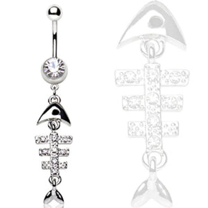316L Surgical Steel Navel Ring with Gemmed Fish Bone Dangle-WildKlass Jewelry