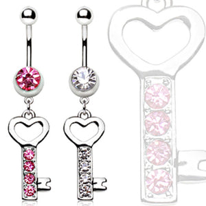 316L Surgical Steel Navel Ring Gemmed Key With Heart Dangle-WildKlass Jewelry