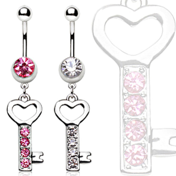 316L Surgical Steel Navel Ring Gemmed Key With Heart Dangle-WildKlass Jewelry