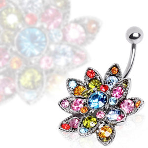 316L Surgical Steel Hinged Navel Ring with Multi Gem Lotus Flower-WildKlass Jewelry