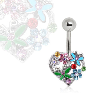316L Surgical Steel Navel Ring with Flowers & Butterflies on Heart-WildKlass Jewelry