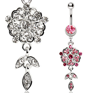 316L Surgical Steel Navel Ring with Flower and Leaves-WildKlass Jewelry