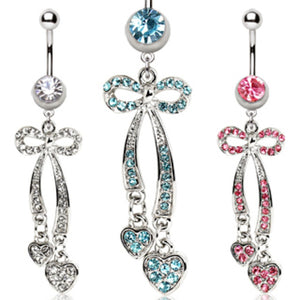 316L Surgical Steel Navel Ring with Bow and Hearts-WildKlass Jewelry