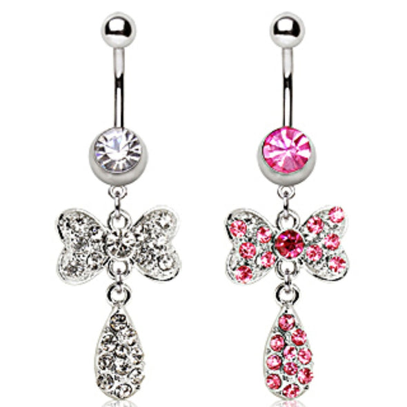 316L Surgical Steel Navel Ring with Bow Tie and Water Drop-WildKlass Jewelry