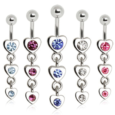 316L Surgical Steel Navel Ring with Three Tier Drop Hearts-WildKlass Jewelry