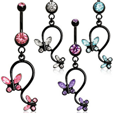316L Surgical Steel Black Navel Ring with Pair of Butterflies-WildKlass Jewelry