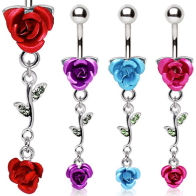 316L Surgical Steel Metal Rose Dangle Navel Ring-WildKlass Jewelry