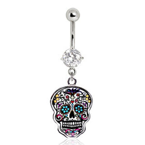 316L Surgical Steel Floral Sugar Skull Navel Ring-WildKlass Jewelry
