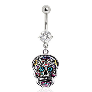 316L Surgical Steel Floral Sugar Skull Navel Ring-WildKlass Jewelry