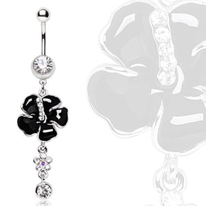 316L Steel Black Hibiscus syriacus with Gem Dangle Navel Ring-WildKlass Jewelry