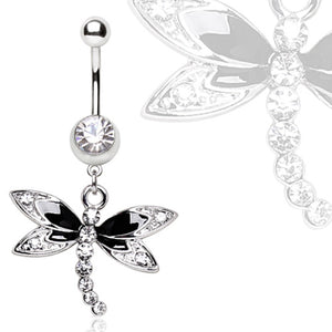 316L Steel Black Multi Gem Dragonfly Dangle Navel Ring-WildKlass Jewelry