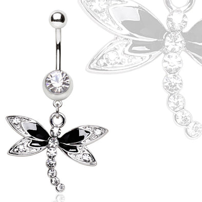 316L Steel Black Multi Gem Dragonfly Dangle Navel Ring-WildKlass Jewelry