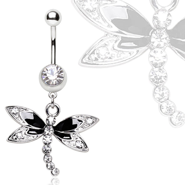 316L Steel Black Multi Gem Dragonfly Dangle Navel Ring-WildKlass Jewelry