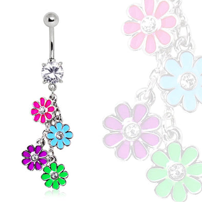 316L Navel Ring with Multi Color Daisy Dangle-WildKlass Jewelry