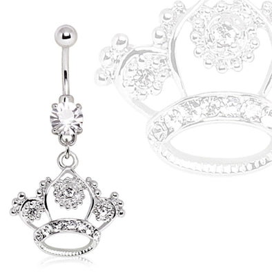 316L Surgical Steel Navel Ring with Princess Crown Dangle Filigree-WildKlass Jewelry