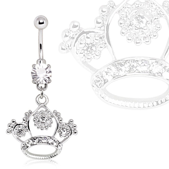 316L Surgical Steel Navel Ring with Princess Crown Dangle Filigree-WildKlass Jewelry