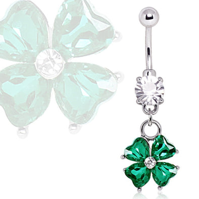 316L Surgical Steel Navel Ring with Four Leaf Clover Dangle-WildKlass Jewelry