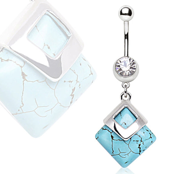 316L Surgical Navel Ring with Square Turquoise Dangle-WildKlass Jewelry