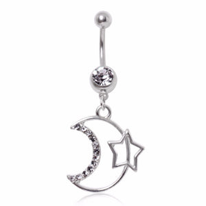 316L Surgical Steel Navel Ring with Moon and Star Dangle-WildKlass Jewelry