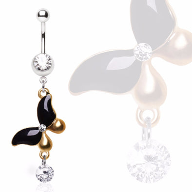 316L Surgical Steel Navel Ring with Antique Gold and Black Butterfly with Gem Dangle-WildKlass Jewelry