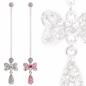 BioFlex Pregnancy Navel Ring with Bow Tie and Water Drop Dangle-WildKlass Jewelry