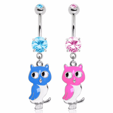 316L Surgical Steel Enameled Owl Dangle Gemmed Navel Ring-WildKlass Jewelry