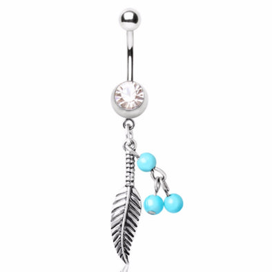 316L Surgical Steel Navel Ring with Feather and Bead Dangle-WildKlass Jewelry