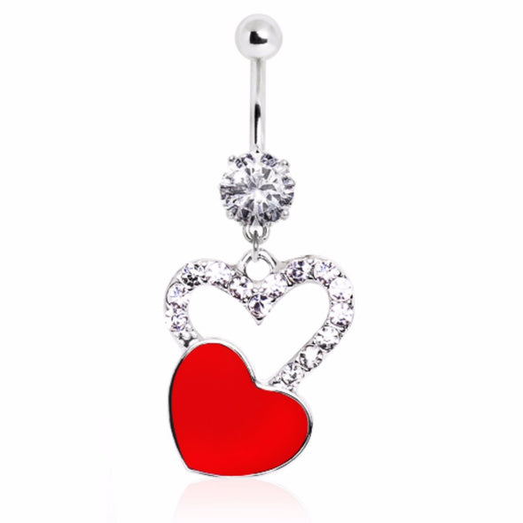 316L Falling Heart Dangle Navel Ring with CZ Gems-WildKlass Jewelry