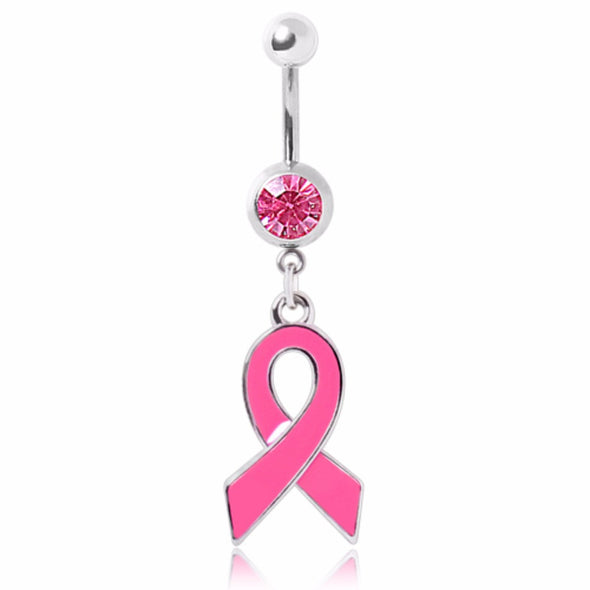 316L Gemmed Navel Ring with Enameled Pink Awareness Ribbon Dangle-WildKlass Jewelry