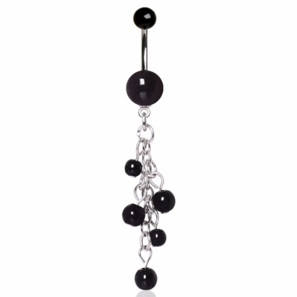 316L Surgical Steel Black Acrylic Navel Ring with Beaded Chain Cascade-WildKlass Jewelry