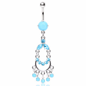 316L Surgical Turquoise Double Chandelier Dangle Belly Ring with Gems-WildKlass Jewelry