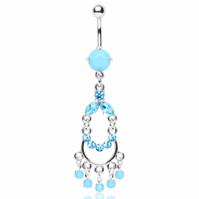 316L Surgical Turquoise Double Chandelier Dangle Belly Ring with Gems-WildKlass Jewelry