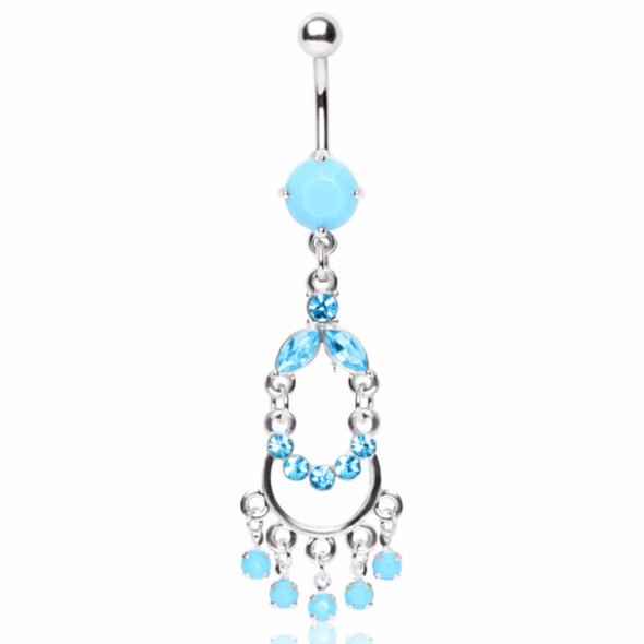 316L Surgical Turquoise Double Chandelier Dangle Belly Ring with Gems-WildKlass Jewelry