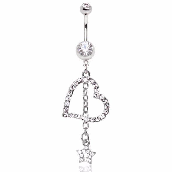 316L Surgical Steel Gemmed Heart with Star Chain Dangle Navel Ring-WildKlass Jewelry
