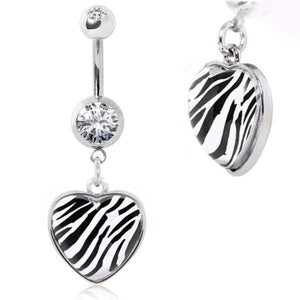 316L Surgical Steel Navel Ring with Zebra Print Rounded Heart Dangle-WildKlass Jewelry