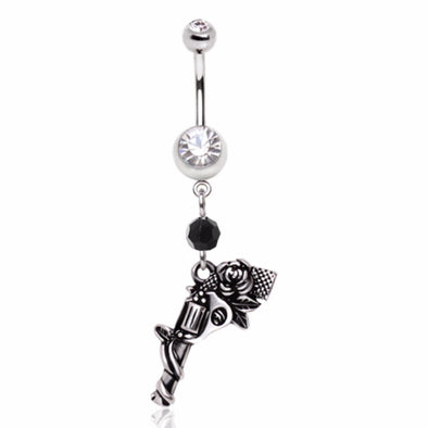 316L Surgical Steel Gemmed Navel Ring with Winding Rose Gun Dangle-WildKlass Jewelry