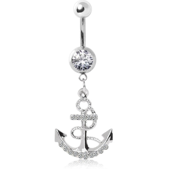 316L Surgical Steel Navel Ring with Gemmed Anchor with Rope-WildKlass Jewelry