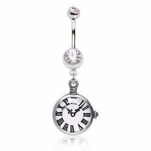316L Surgical Steel Navel Ring with Pocket Watch Replica Dangle-WildKlass Jewelry