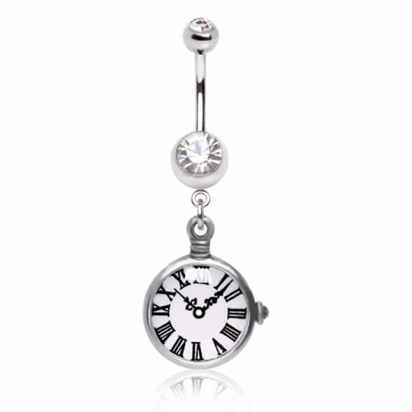 316L Surgical Steel Navel Ring with Pocket Watch Replica Dangle-WildKlass Jewelry