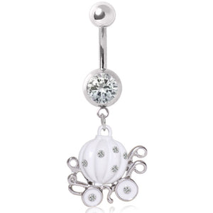 316L Surgical Steel White Enameled Pumpkin Carriage Gemmed Navel Ring-WildKlass Jewelry