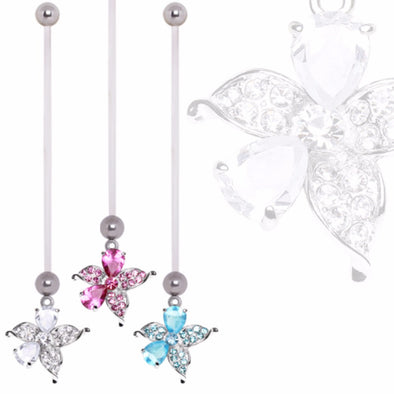 BioFlex Pregnancy Navel Ring with Gemmed Hibiscus Flower Dangle-WildKlass Jewelry