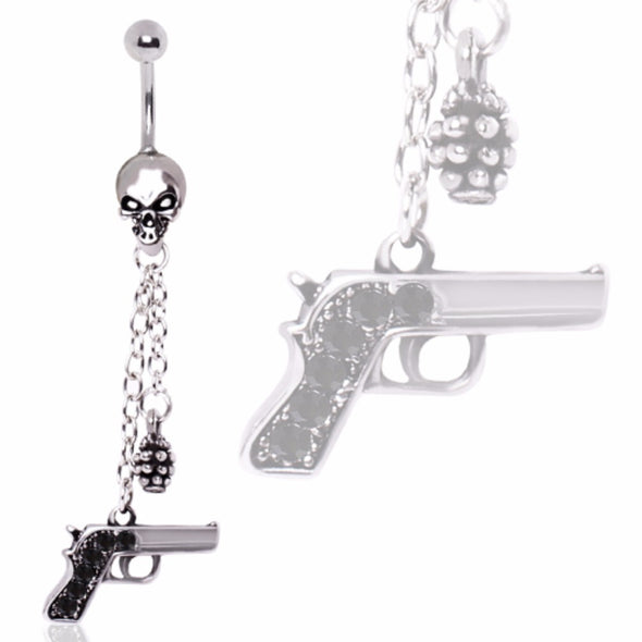 316L Surgical Steel Skull Dangle Belly Ring with Gun and Grenade-WildKlass Jewelry