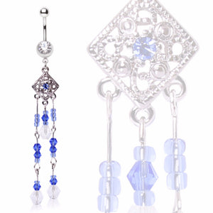 316L Surgical Steel Filigreed Diamond Navel Ring with Beaded Drop Chains-WildKlass Jewelry