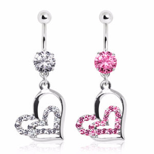 316L Surgical Steel Navel Ring with Gemmed Double Heart Dangle-WildKlass Jewelry